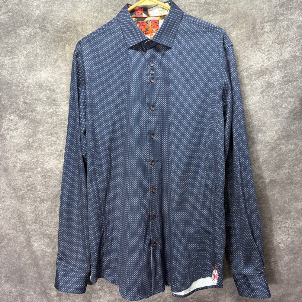 Au Noir Mens Navy Blue Geometric Print Button Down Shirt Size 4 L Flip Cuff